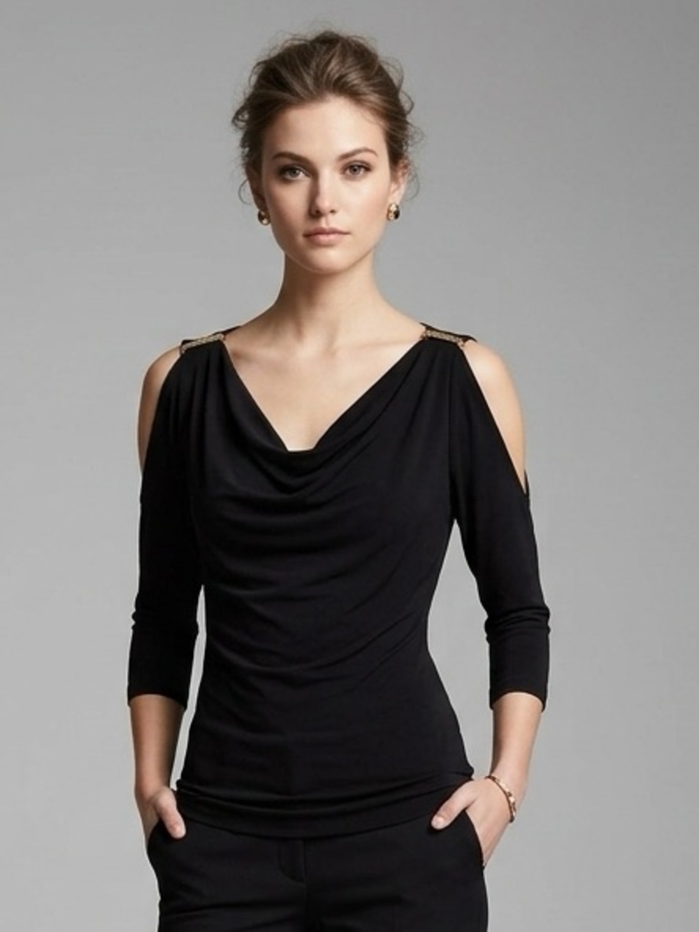 NWT Michael Kors Black Draped Cowl Neck Cold Shoulder Blouse Size S